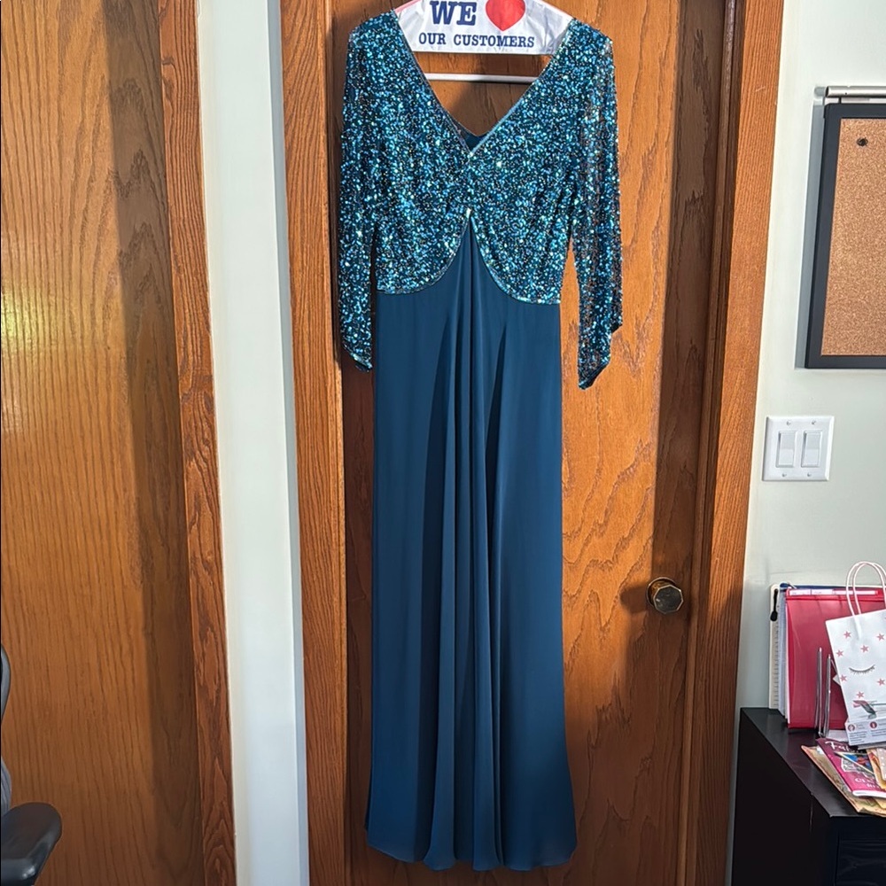 J Kara Teal Sequin Long Sleeve Gown